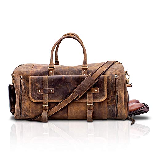 KomalC 24 Inch Leather Duffel Bags for Men and Women Full Grain Leather Travel Overnight Weekend Leather Bags Sports Gym Duffle for Men (Brown Tan with shoe pocket) - Image 1