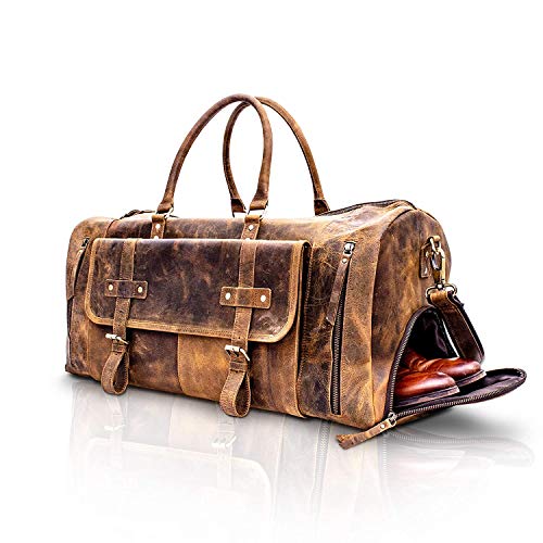KomalC 24 Inch Leather Duffel Bags for Men and Women Full Grain Leather Travel Overnight Weekend Leather Bags Sports Gym Duffle for Men (Brown Tan with shoe pocket) - Image 2
