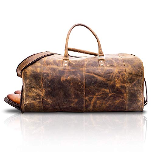 KomalC 24 Inch Leather Duffel Bags for Men and Women Full Grain Leather Travel Overnight Weekend Leather Bags Sports Gym Duffle for Men (Brown Tan with shoe pocket) - Image 3