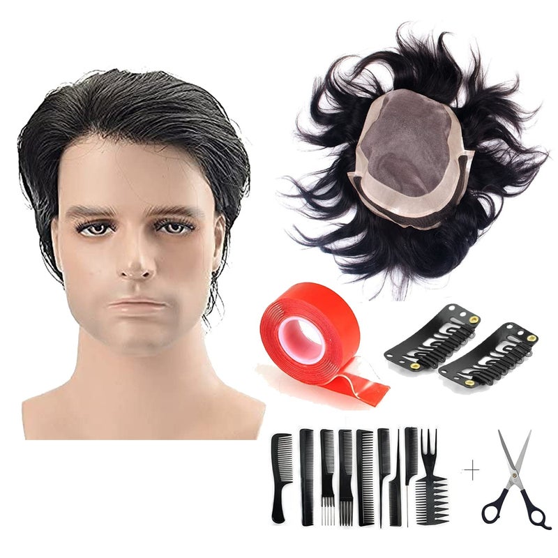 Glan Human Hair Natural Front Lace Hair PatchToupeeWig for Men Hair Replacement System Patches Hair Wigs for Boys Men for Hair Loss Solution 8X6 BLACK - Image 1