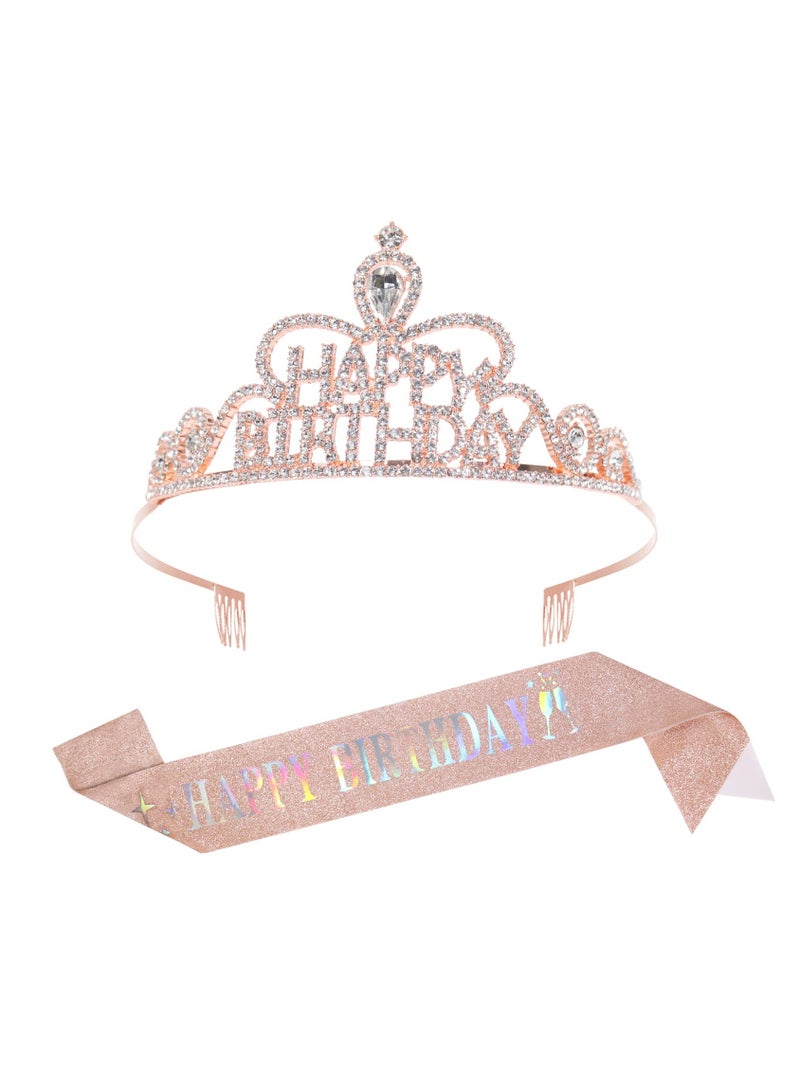 Birthday Tiara and Sash Set, Rhinestone Crown and Satin Sash for Girls and Women - Perfect Birthday Queen Accessories for Celebrating Your Special Day! - Image 1