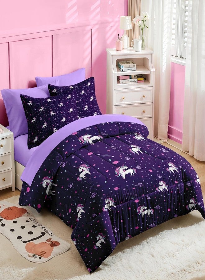 Nesker 5 Pcs Comforter Set Twin Size, Purple Rainbow Bedding for Kids Teen, Cute Unicorn Bed Sheet with Pillowcase & Sham - Image 4