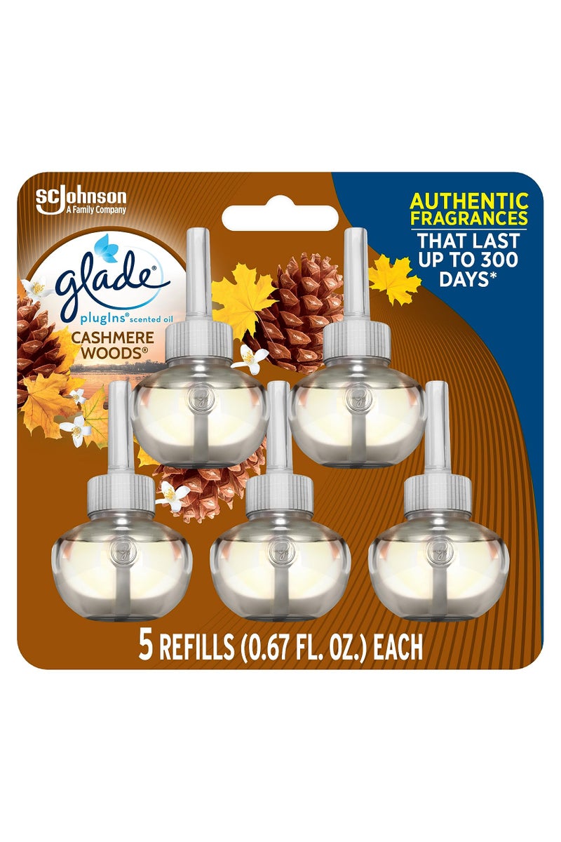 Glade عبوات غليد بلوق إنز معطر الهواء، معطرة وزيوت أساسية للمنزل والحمام، خشب الكشمير، 3.35 أونصة سائلة، 5 عبوات - Image 1