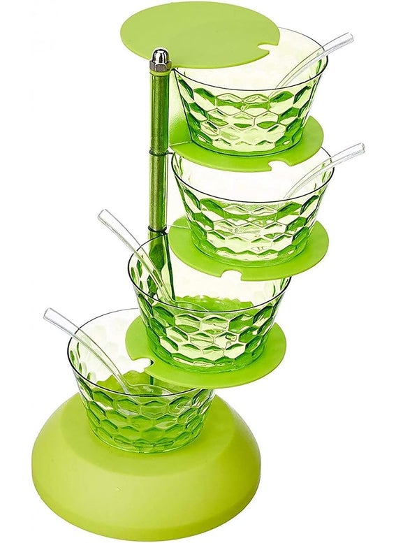 NVF 360 Rotating Plastic Pickle Tower Spice Rack Achar Stand for Dining Table Condiment Set Multipurpose Container 4 Layer with 4 Plastic Spoon