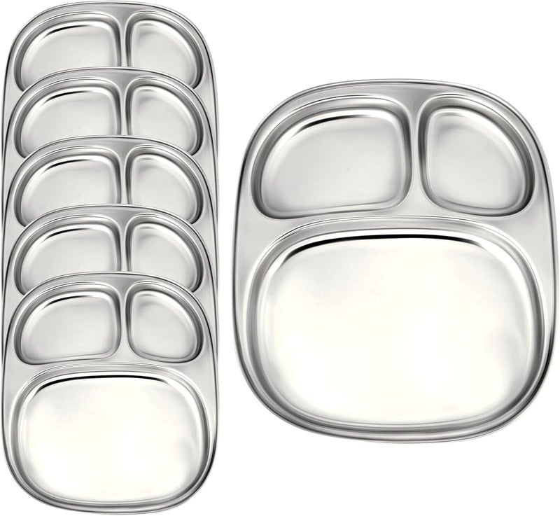 WG inc 6  PACK Stainless steel compartment plates  3 section Divided Dinner plates Reusable Portion Control Trays for kids Babies  Adults Non Toxic Camping Dishes - Image 1