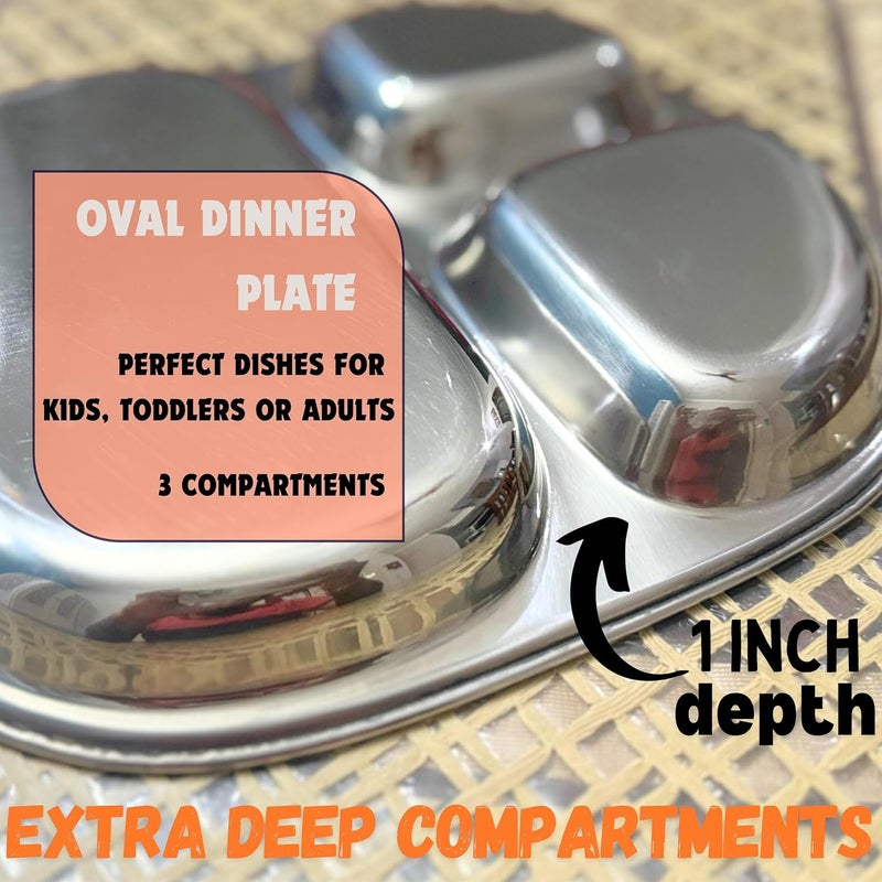 WG inc 6  PACK Stainless steel compartment plates  3 section Divided Dinner plates Reusable Portion Control Trays for kids Babies  Adults Non Toxic Camping Dishes - Image 2