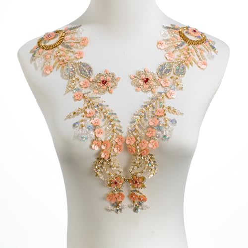 Silvora Pair Embroidery Pearl Sequin Applique,Gold Beaded Flower Applique for Dress Bodice Costume Clothing Craft DIY (Gold-1) - Image 1