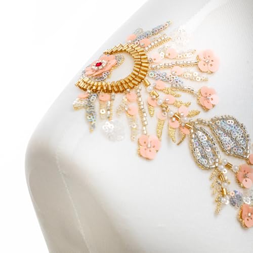 Silvora Pair Embroidery Pearl Sequin Applique,Gold Beaded Flower Applique for Dress Bodice Costume Clothing Craft DIY (Gold-1) - Image 4