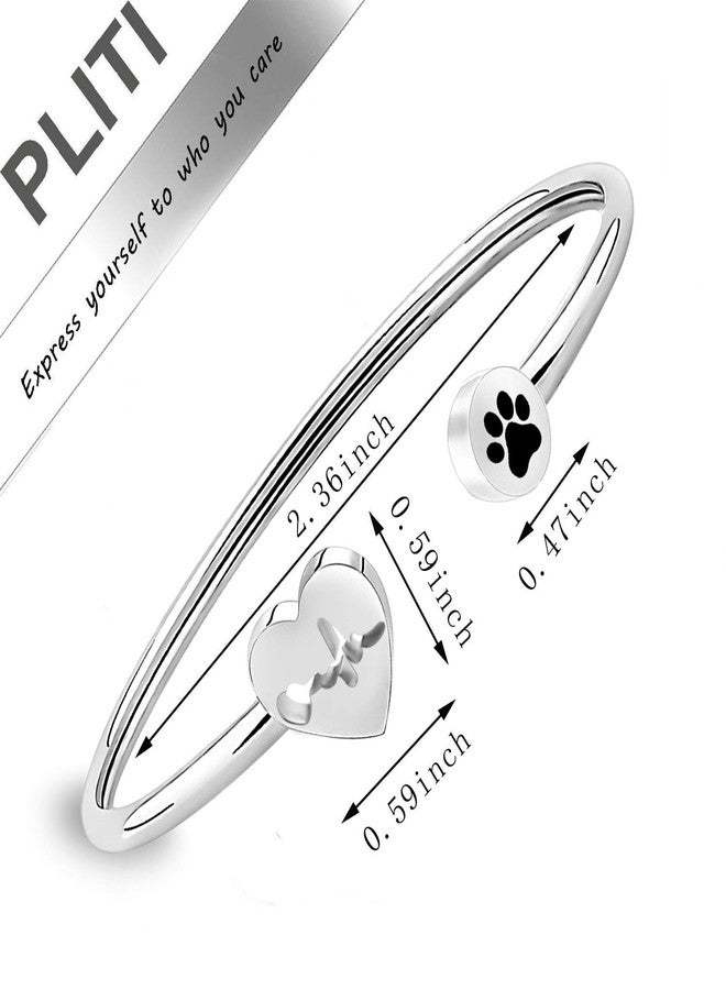PLITI Dog Lover Paw Print Bracelet Veterinarian Heartbeat Cuff Bracelet VET Jewelry (Sliver) - Image 2