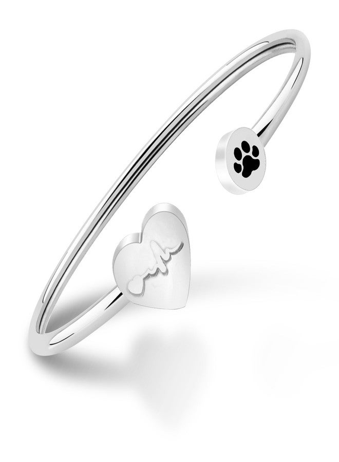 PLITI Dog Lover Paw Print Bracelet Veterinarian Heartbeat Cuff Bracelet VET Jewelry (Sliver) - Image 1