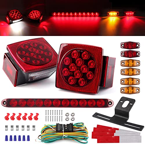 Partswcgg مجموعة أضواء LED للمقطورة 12 فولت، 2x أضواء توقف وإشارة ومؤخرة مربعة مع 25 قدم من أسلاك التوصيل/6 أضواء صغيرة/شريط أضواء فرامل مؤخرة للمقطورة 15 بوصة 11 LED/حامل لوحة الترخيص - Image 1