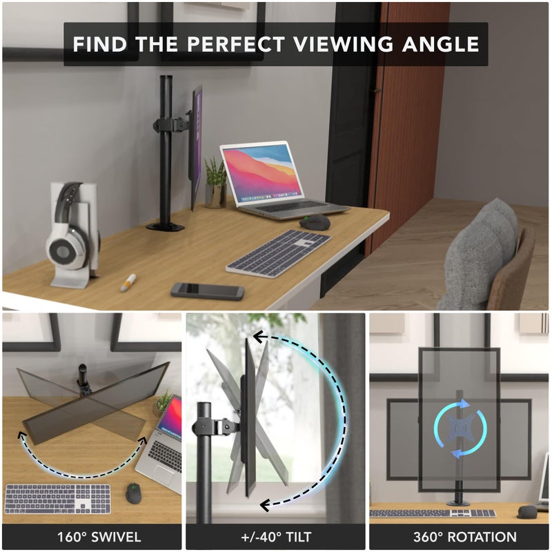 Mount-It! Single Monitor Desk Mount â€“ Computer Screen Stand with Full Motion Adjustability â€“ VESA Monitor Bracket Up to 32" 19.8 lbs â€“ 360Â° Rotation, 160Â° Swivel, 40Â° Tilt â€“ Clamp & Grommet Base - Image 4