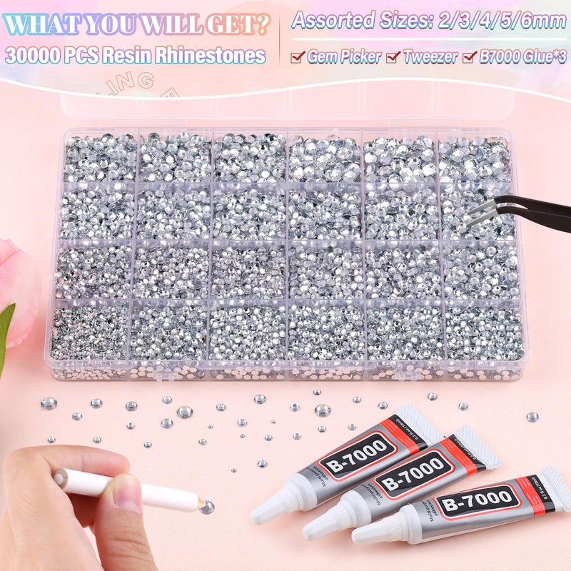 BELLEBOOST 30000Pcs Resin Silver Clear Rhinestones for Bedazzling Crafting with b7000 Jewelry Glue, Bulk Flatback Gems Bedazzler Kit for Crafts Clothes Shoes Fabric Nail Diamond Art, Assorted Size 2/3/4/5/6mm - Image 2