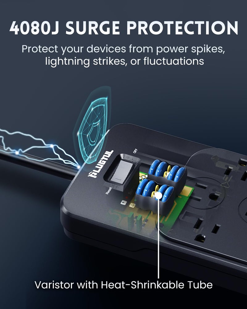 PLUGTUL Surge Protector Power Strip 20FT(4080J), PLUGTUL Surge Protector with 12 Outlets - Spacious Design for Large Plugs, Flat Plug, 20W USB C Charging for Home, Office, ETL Listed - Image 4