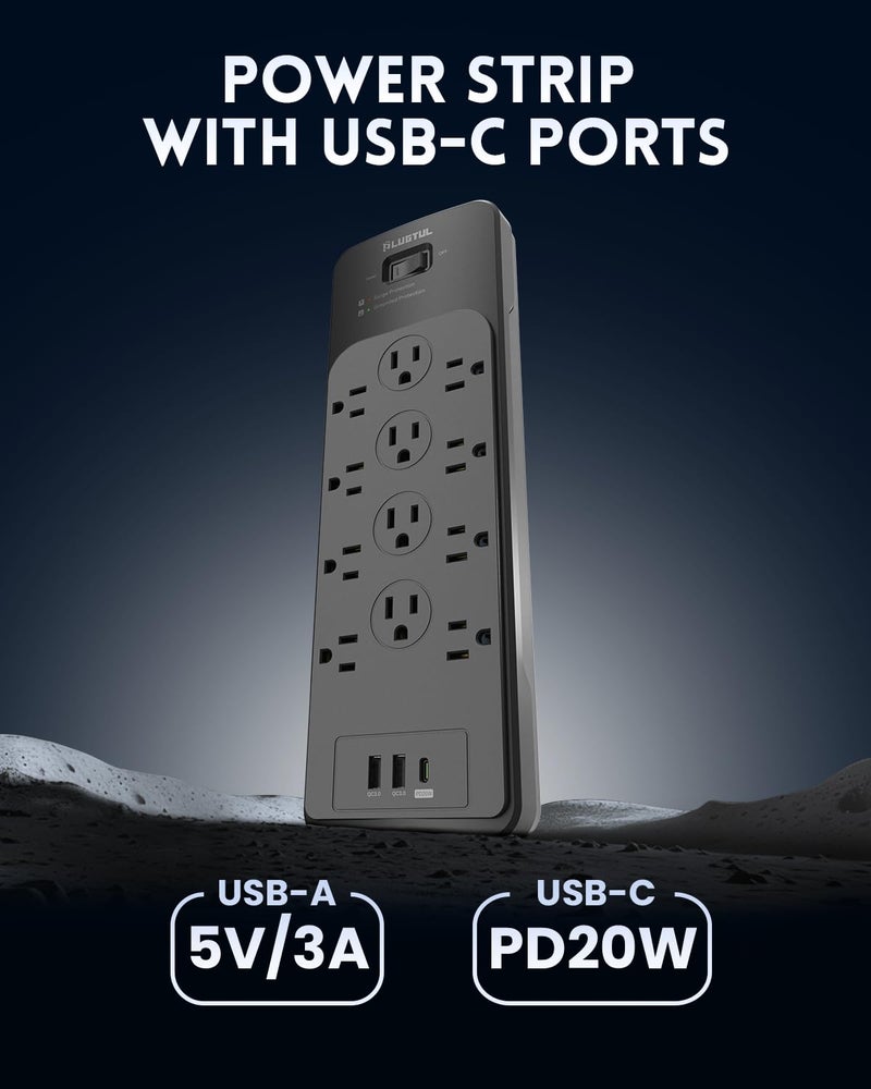 PLUGTUL Surge Protector Power Strip 20FT(4080J), PLUGTUL Surge Protector with 12 Outlets - Spacious Design for Large Plugs, Flat Plug, 20W USB C Charging for Home, Office, ETL Listed - Image 3
