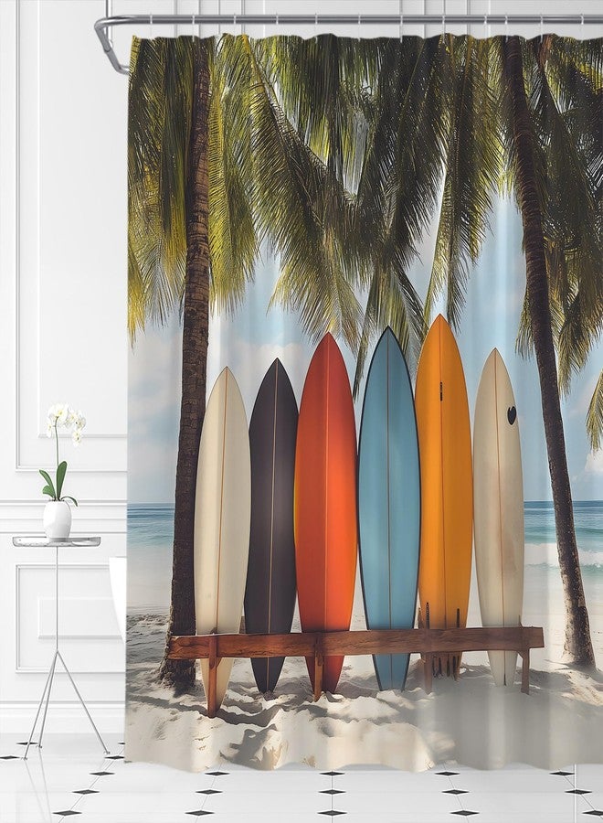 EVRCVAR Ocean Beach Surfboard Shower Curtain Tropical Palm Tree Retro Summer Surfing Seaside Hawaii Coastal Nature Bathroom Curtain Fabric with Hooks(70" WX70 H) - Image 2