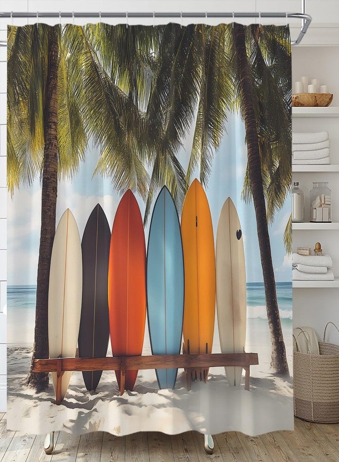 EVRCVAR Ocean Beach Surfboard Shower Curtain Tropical Palm Tree Retro Summer Surfing Seaside Hawaii Coastal Nature Bathroom Curtain Fabric with Hooks(70" WX70 H) - Image 3