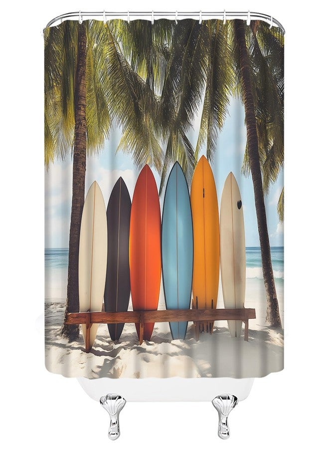 EVRCVAR Ocean Beach Surfboard Shower Curtain Tropical Palm Tree Retro Summer Surfing Seaside Hawaii Coastal Nature Bathroom Curtain Fabric with Hooks(70" WX70 H) - Image 4