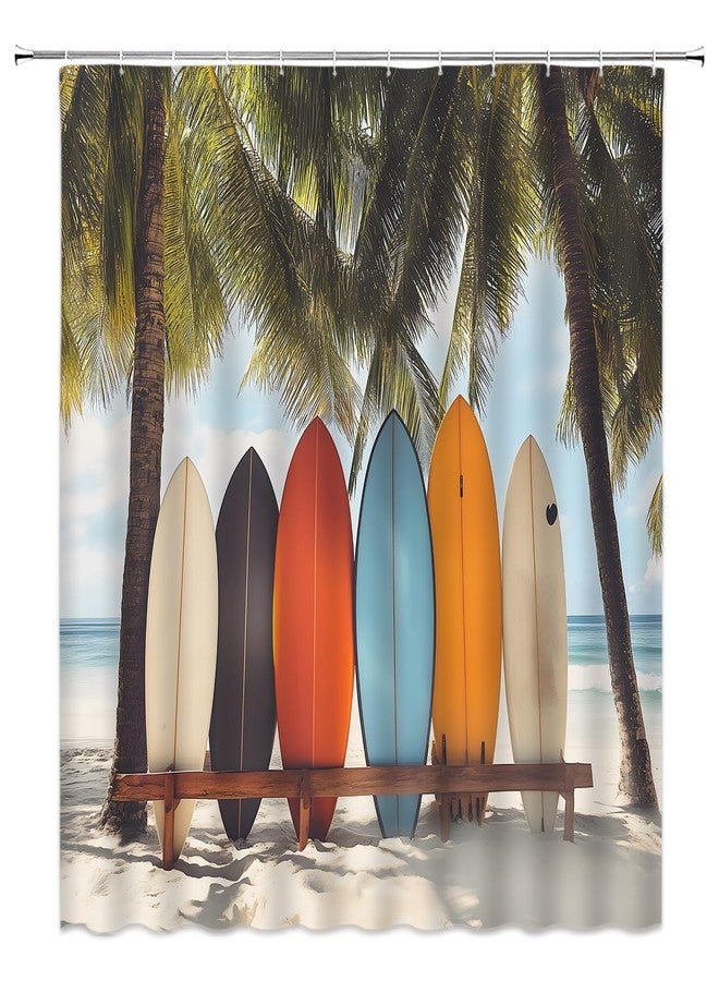 EVRCVAR Ocean Beach Surfboard Shower Curtain Tropical Palm Tree Retro Summer Surfing Seaside Hawaii Coastal Nature Bathroom Curtain Fabric with Hooks(70" WX70 H) - Image 1
