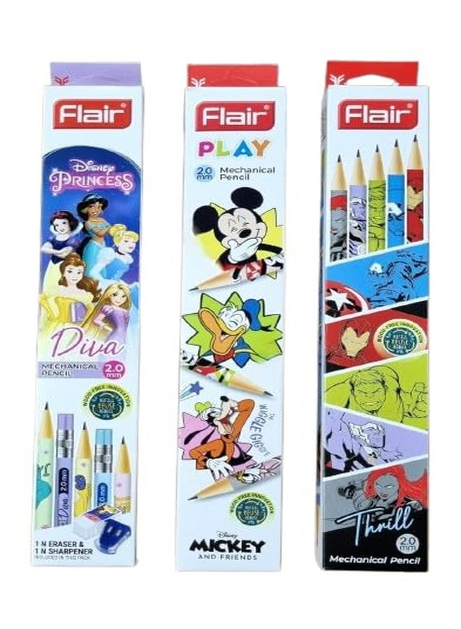 Flair 2.0mm Mechanical Multicolor Extra Dark 2B Pencils| Mickey & Friends Play+Princess+Thrill Characters- 10 Eachx3= 30 Pencils| Wood Free Writing|1 Big Sharpner & 1 Eraser With Each Pack| Refillable - Image 1