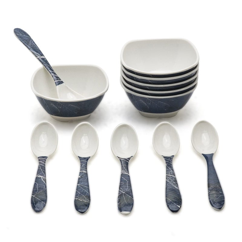 Bataniya Melamine Square Unbreakable Set of 4 inch Blue 6 Veg Bowl & 6 Tea Spoon - Image 1