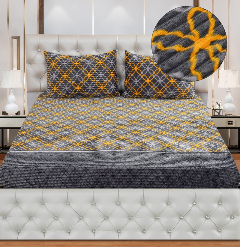 KAWI 350 TC Velvet Pencil Print Warm Flannel Double Bed Elastic Fitted Fleece King Size Bedsheet with 2 Zipper Pillow Cover (72"x78" up to 10" Inch Mattress Size) - Black & Yellow Colour - Image 1