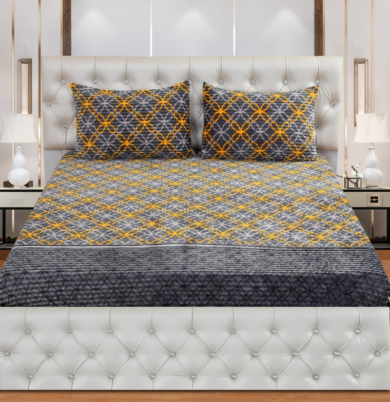 KAWI 350 TC Velvet Pencil Print Warm Flannel Double Bed Elastic Fitted Fleece King Size Bedsheet with 2 Zipper Pillow Cover (72"x78" up to 10" Inch Mattress Size) - Black & Yellow Colour - Image 2