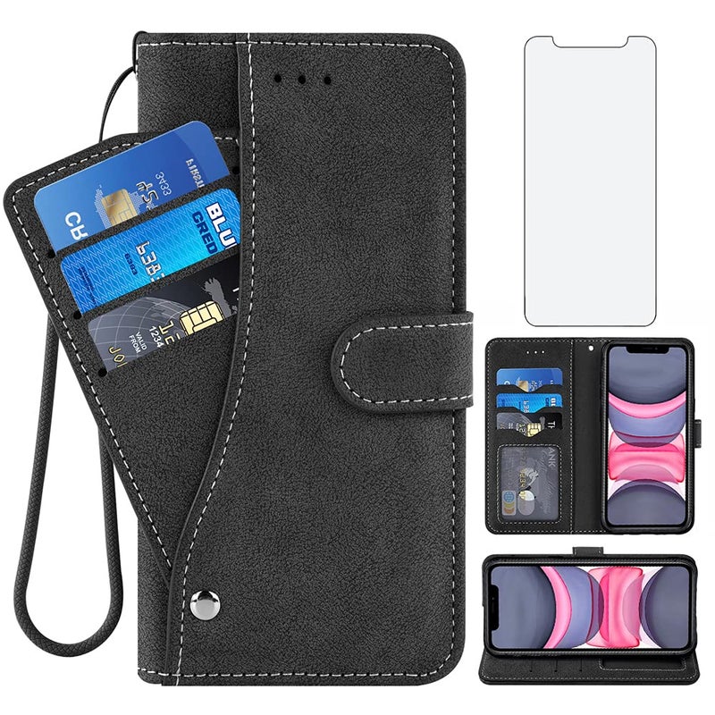 Compatible with iPhone 12 Pro iPhone12 61 Wallet Case and Tempered Glass Screen Protector Flip Card Holder Stand Cell Accessories Phone Cover for iPhone12pro 5G i 12s iPhone12 12pro Women Men Black