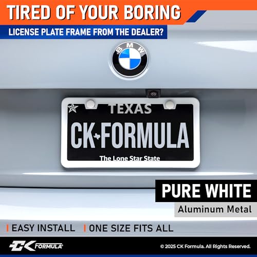 CK FORMULA Premium Pure White License Plate Frames 2-Pack, Rust-Free & Rattle-Proof Stainless Steel, Street Legal, Universal Fit with Screw Covers, Slim Top & Bottom Design with Screw Covers for Men & Women - Image 2