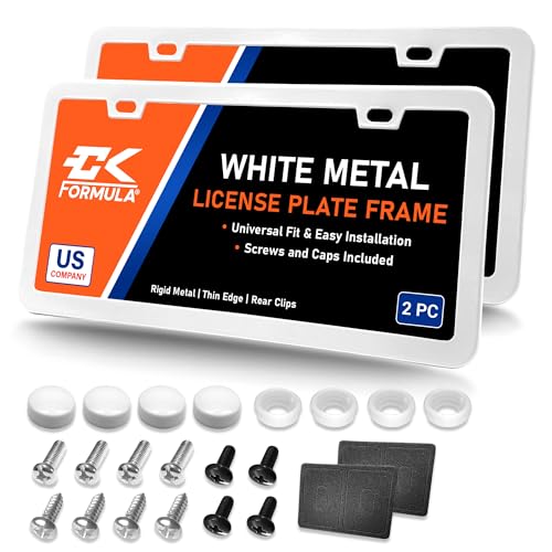 CK FORMULA Premium Pure White License Plate Frames 2-Pack, Rust-Free & Rattle-Proof Stainless Steel, Street Legal, Universal Fit with Screw Covers, Slim Top & Bottom Design with Screw Covers for Men & Women - Image 1