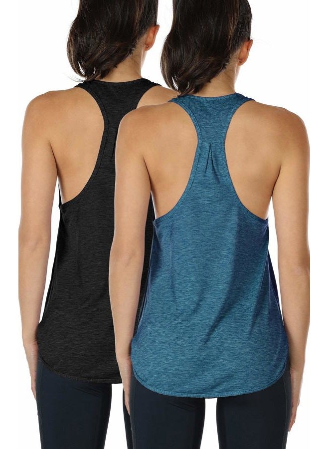 icyzone Workout Tank Tops for Women - Athletic Yoga Tops, Racerback Running Tank Top (L, Black/Denim) - Image 1