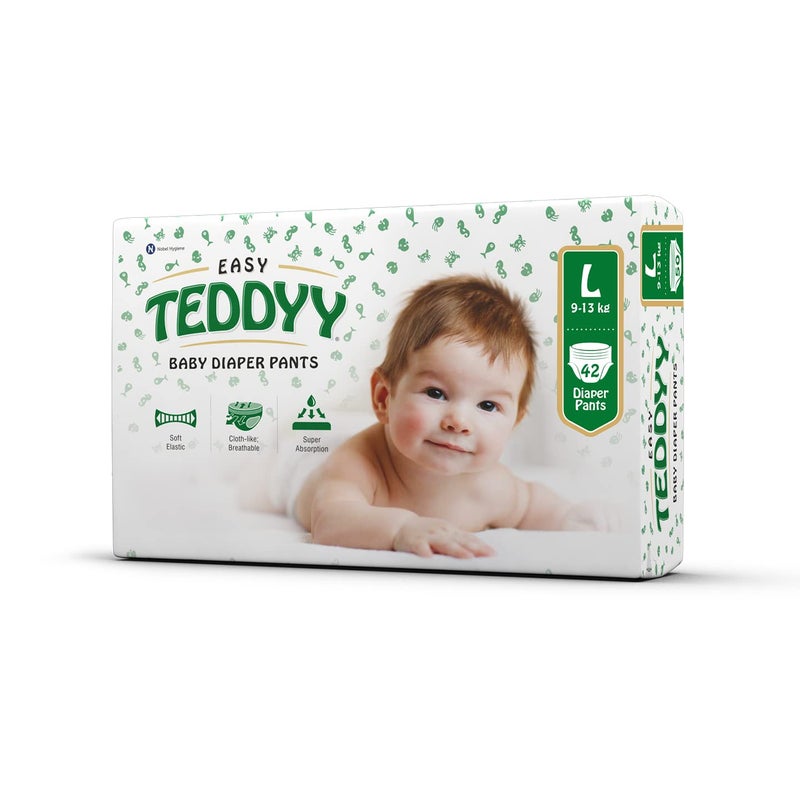 Teddyy سراويل حفاضات كبيرة سهلة للأطفال 42 قطعة (عبوة من 1)، 9-14 كجم، حماية من التسرب لمدة 12 ساعة، مضادة للبكتيريا - Image 1