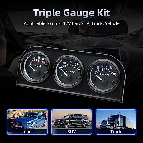 ARTILAURA 52mm Triple Gauge Set (Oil Pressure + Water Temp + Voltmeter) 3 in1 Auto 3 Gauge Cluster kit Dashboard with Black Console for 12V Cars - Image 4