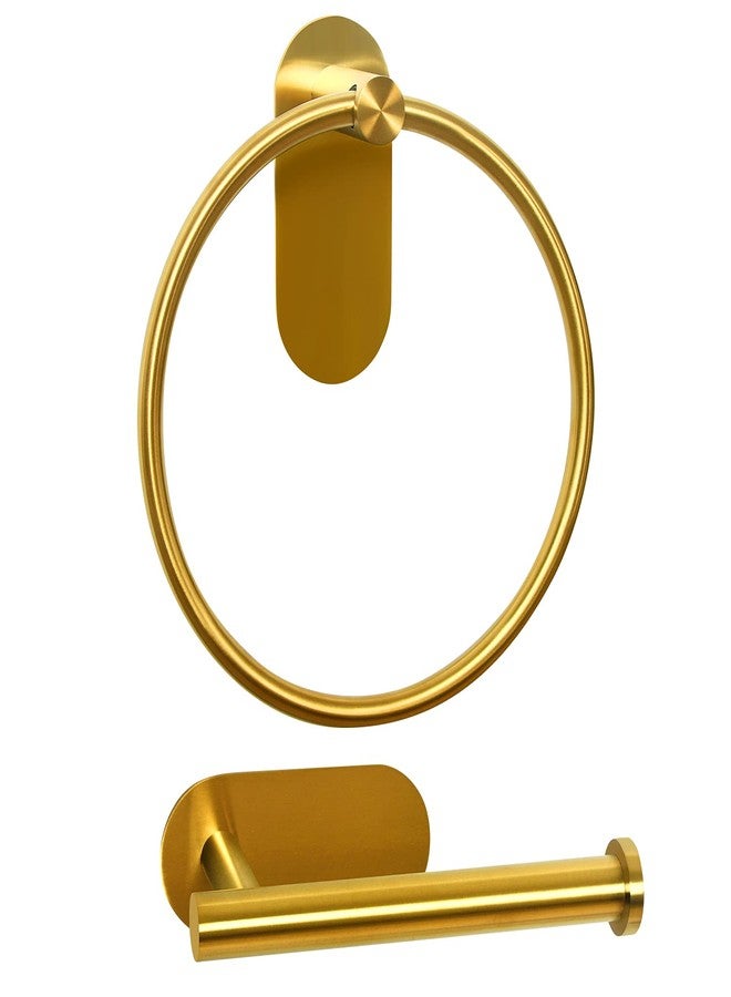 HouseAid Self Adhesive Towel Ring and Toilet Paper Holder Set, Stainless Steel No Drilling Hand Towel Holder Kit for Bathroom, Brushed Gold (2 Pieces) - Image 1