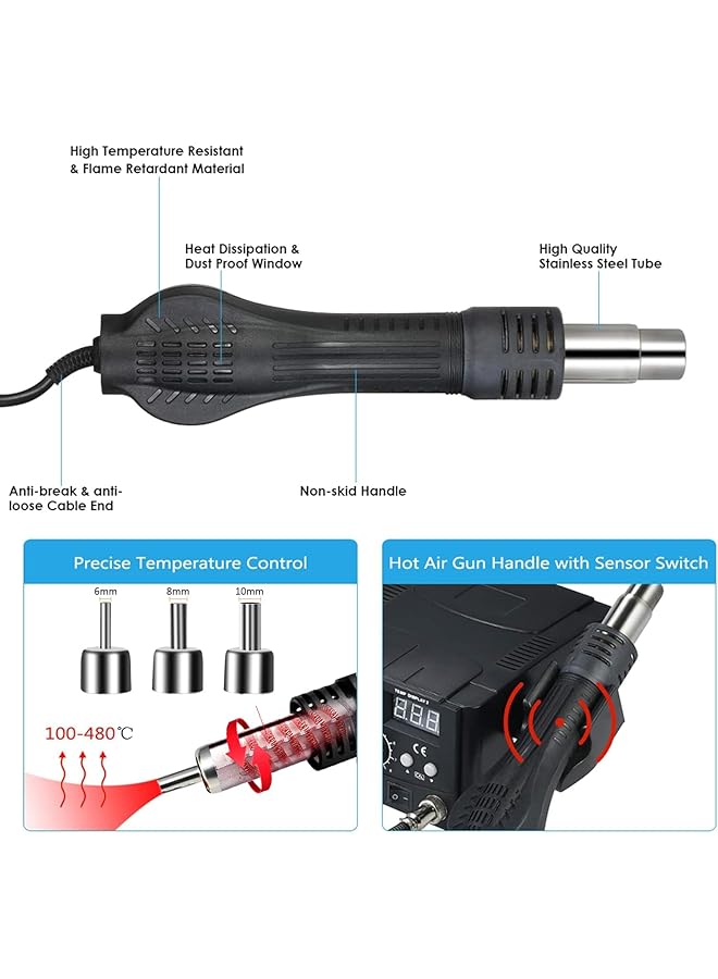 erorex Soldering Iron Iron Gun 858D 700W High Quality Soldering Station Led Digital Solder Iron Desoldering Station Bga Rework Solder Station Hot Air Gun + Electric Iron Set For Smd Smt Dip - Image 5