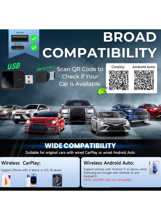 محول CarPlay اللاسلكي وAndroid Auto، محول CarPlay اللاسلكي، اتصال USB/Type C، متوافق مع iOS 10+ وAndroid 11 (مع امتداد USB-A) - Image 5