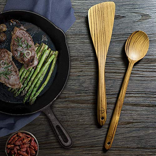 FAAY 12.5 Inch Wood Utensil Set (2 PCS), Teak Wooden Right Hand Spatula & Flat Spoon, 100% Natural from High Moist Resistance Teak Wood, Healthy Wooden Spoon Spatula for Non Stick Cookware - Image 2