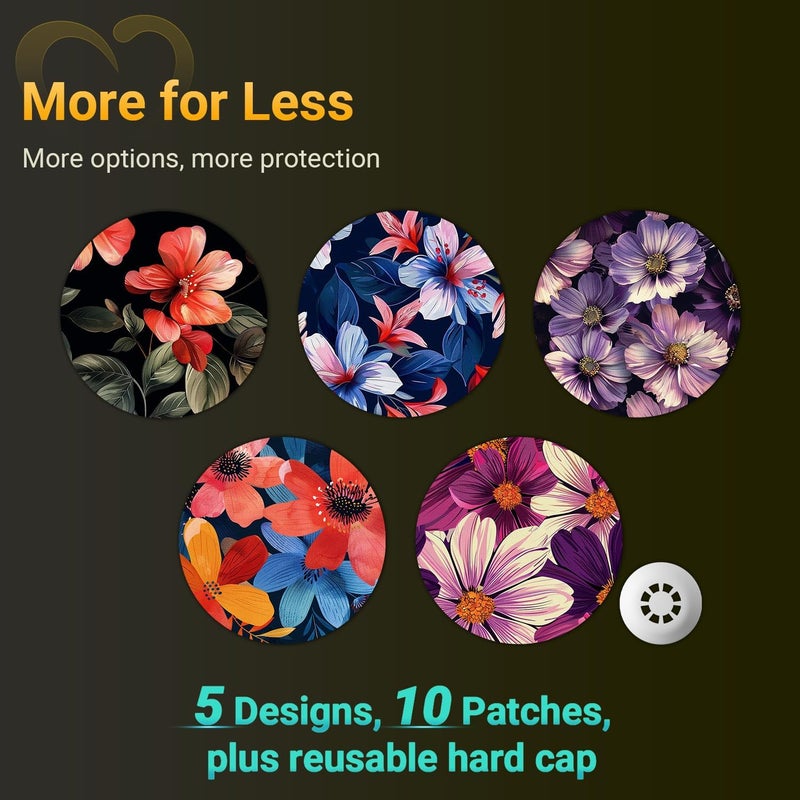 Amolyfe Libre 3 Sensor Covers Waterproof, Amolyfe 10 Pack Freestyle Libre 3 Plus Covers, Bump-Proof with Hard Cap, Breathable Latex Free Glucose Sensor CGM Adhesive Patches, 14-Day CGM Protection (B.Flower) - Image 2