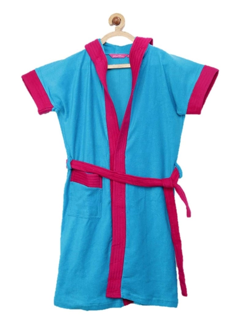 SAND DUNE Sand Dune Set of 2 Kids Hood Bathrobe for Boys Terry Cotton Bathrobe Gown Half Sleeves Knee Length Pocket with Waist Belt Combo of 2 Children Hodded Bath Robe is Available for Age Group Between 4 to 13 Years Available in 2 Colors Turquoise Rani Pink with Border Pack of 2  - Image 2