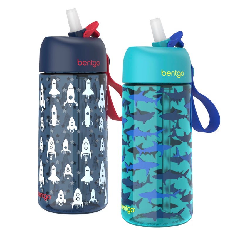 Bentgo Kids Water Bottle 2-Pack - Leak-Proof, Durable Tritan, BPA-Free 15 oz Cup for Kids/Toddlers 3+; Flip-Up Straw; Dishwasher Safe for School/Sports/Daycare/Camp (Rocket/Shark) - Image 1