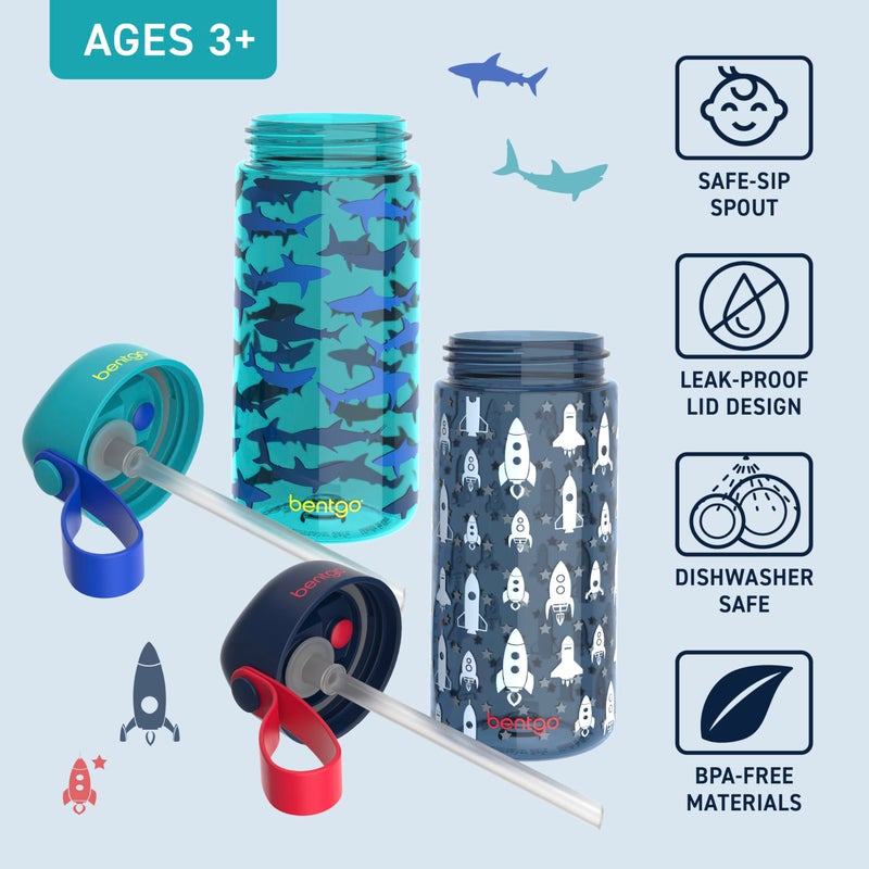 Bentgo Kids Water Bottle 2-Pack - Leak-Proof, Durable Tritan, BPA-Free 15 oz Cup for Kids/Toddlers 3+; Flip-Up Straw; Dishwasher Safe for School/Sports/Daycare/Camp (Rocket/Shark) - Image 3