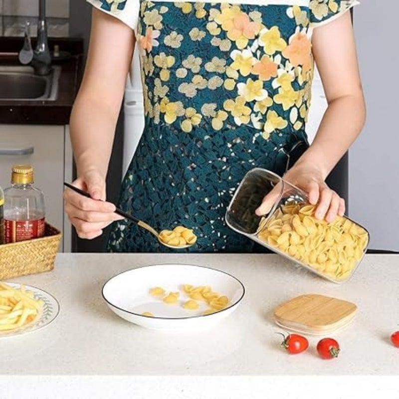 𝐏𝐈𝐂𝐂𝐀𝐒𝐈𝐎 مجموعة علب زجاجية مكونة من 5 قطع مع أغطية من الخيزران، وبرطمانات متعددة الأحجام محكمة الغلق عالية البورسليكات، وبرطمانات طعام شفافة للشاي وحبوب القهوة والإسباجيتي والمعكرونة والحبوب والأعشاب مربعة - Image 2
