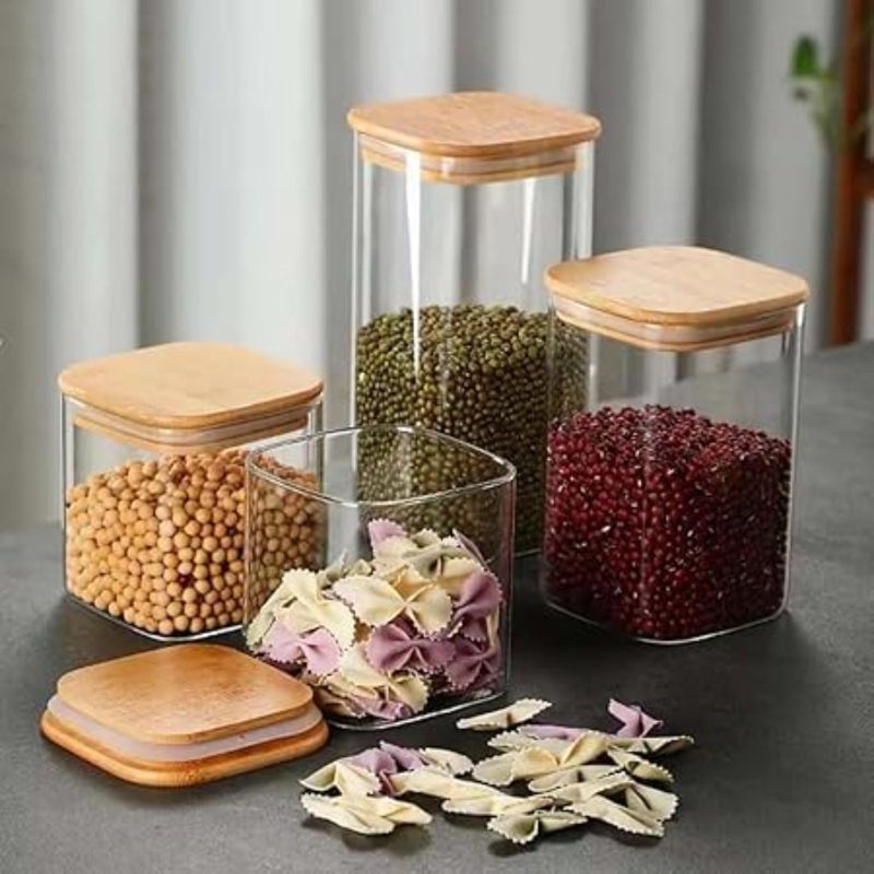 𝐏𝐈𝐂𝐂𝐀𝐒𝐈𝐎 مجموعة علب زجاجية مكونة من 5 قطع مع أغطية من الخيزران، وبرطمانات متعددة الأحجام محكمة الغلق عالية البورسليكات، وبرطمانات طعام شفافة للشاي وحبوب القهوة والإسباجيتي والمعكرونة والحبوب والأعشاب مربعة - Image 3