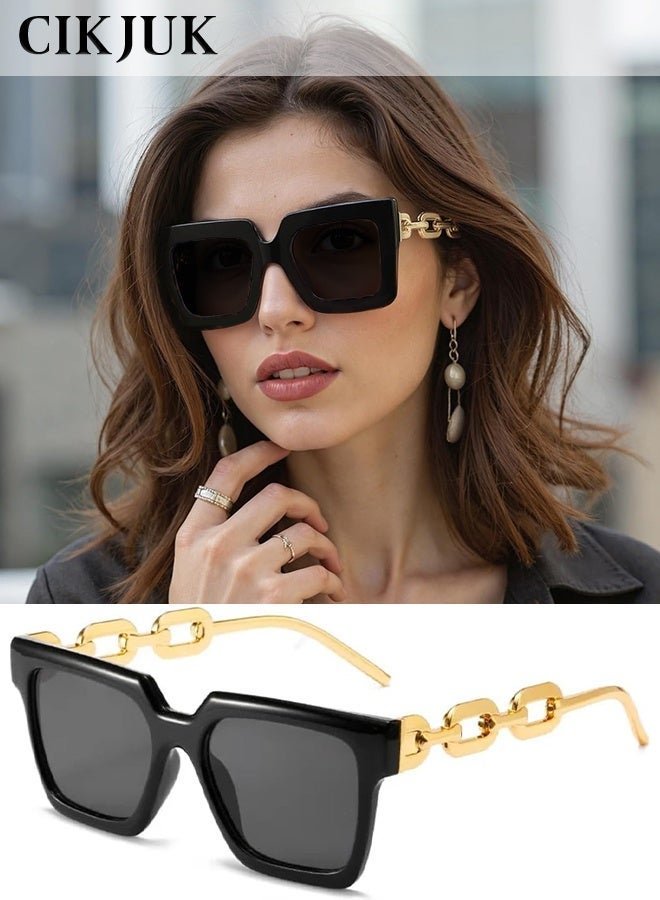 CIKJUK Fashion Sunglasses Women Square Oversize Sun Glasses for Men Women's Sunglass Stylish Eye Glasses Chain Sun Glas UV400 Protection Shades  Black - Image 1