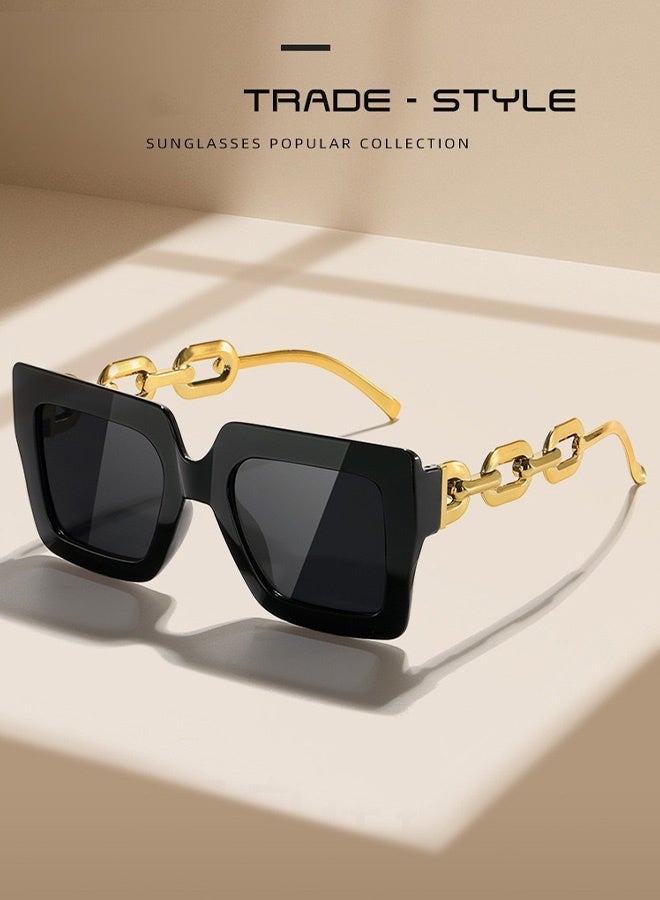CIKJUK Fashion Sunglasses Women Square Oversize Sun Glasses for Men Women's Sunglass Stylish Eye Glasses Chain Sun Glas UV400 Protection Shades  Black - Image 2