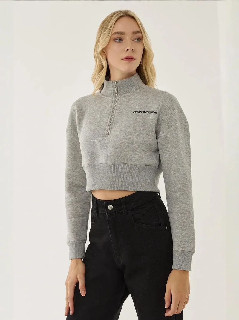 Mai Collection Zipper Collar Crop Slogan Sweatshirt