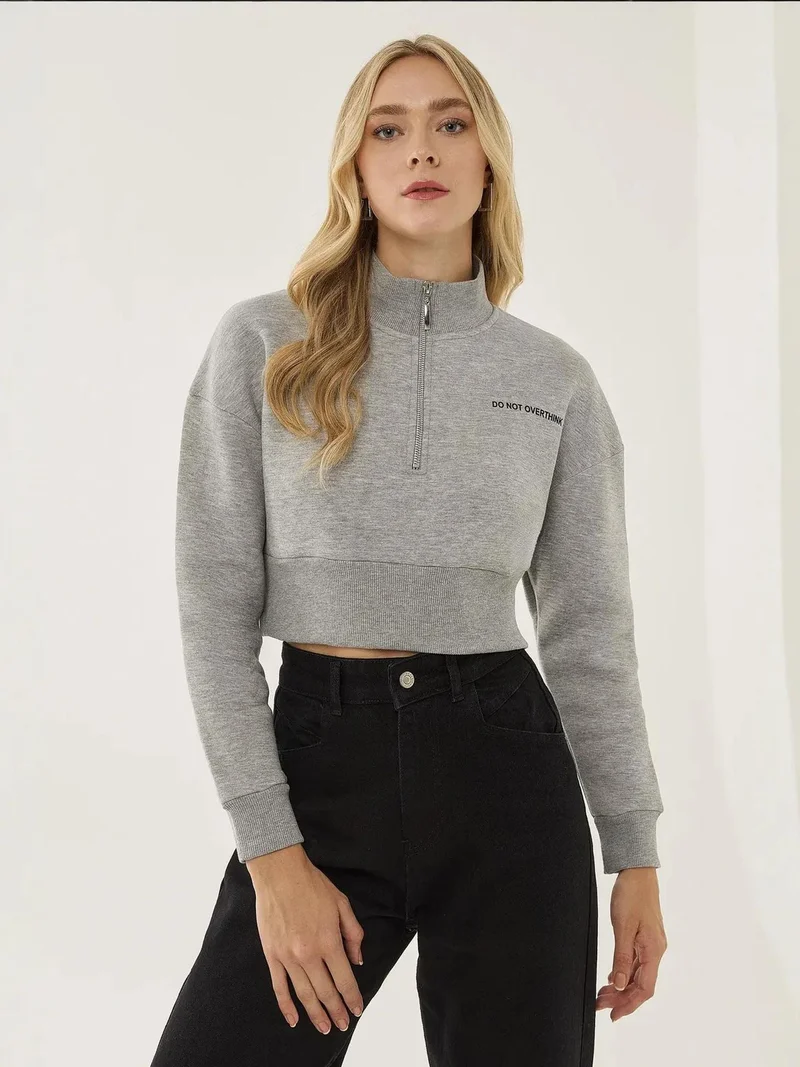 Mai Collection Zipper Collar Crop Slogan Sweatshirt