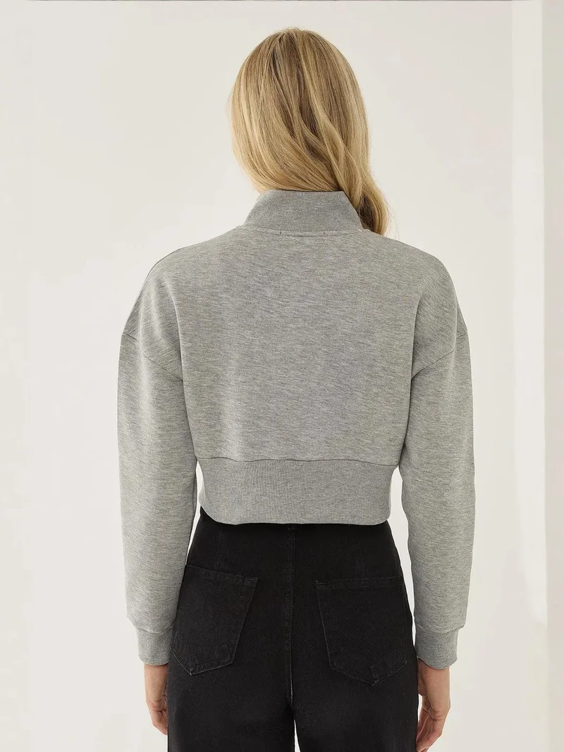 Mai Collection Zipper Collar Crop Slogan Sweatshirt