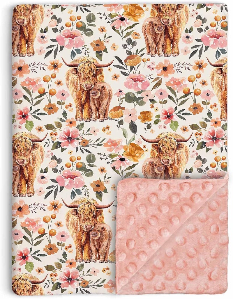 Buerhanerry Highland Cow Baby Blanket for Girls Boho Floral Farmhouse Highland Cow Toddler Soft Minky Blanket with Double Layer Dotted Backing Nursery Newborn Baby Crib Receiving Blanket Western Cow 30x40 - Image 1