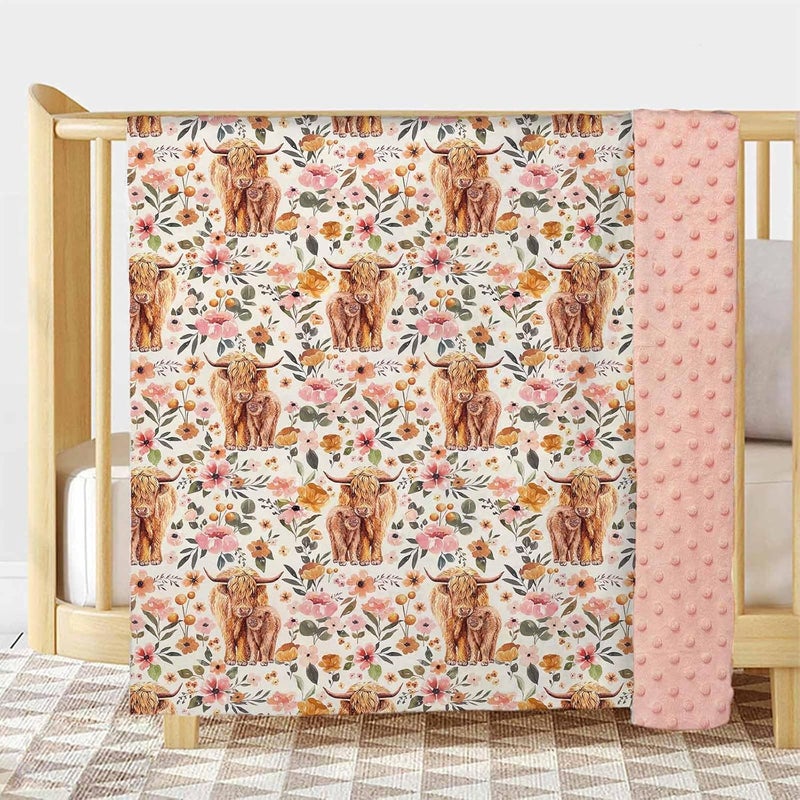 Buerhanerry Highland Cow Baby Blanket for Girls Boho Floral Farmhouse Highland Cow Toddler Soft Minky Blanket with Double Layer Dotted Backing Nursery Newborn Baby Crib Receiving Blanket Western Cow 30x40 - Image 2